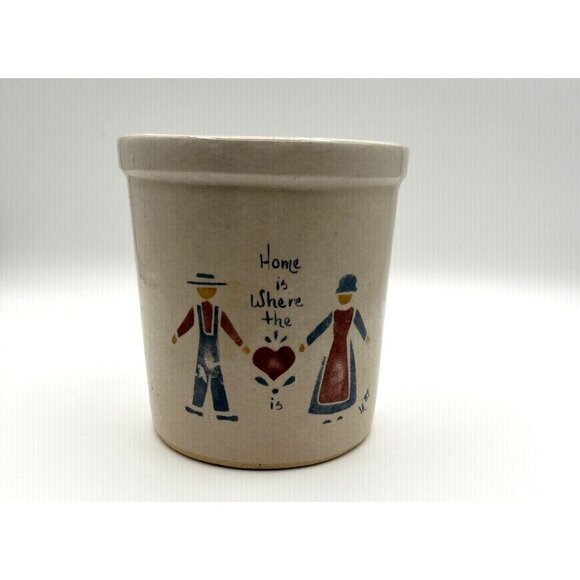 Vtg 1987 RRP Co Roseville Stoneware 1 qt High‎ Jar Crock Hand Painted Amish Home - Picture 2 of 9